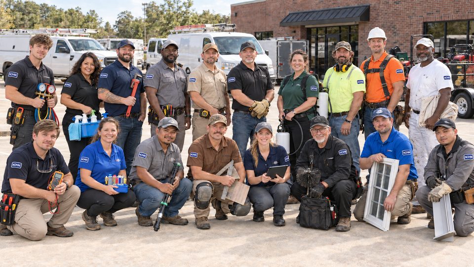 Local pros from many trades, each wearing a NOHM patch, gathered in front of their work trucks
