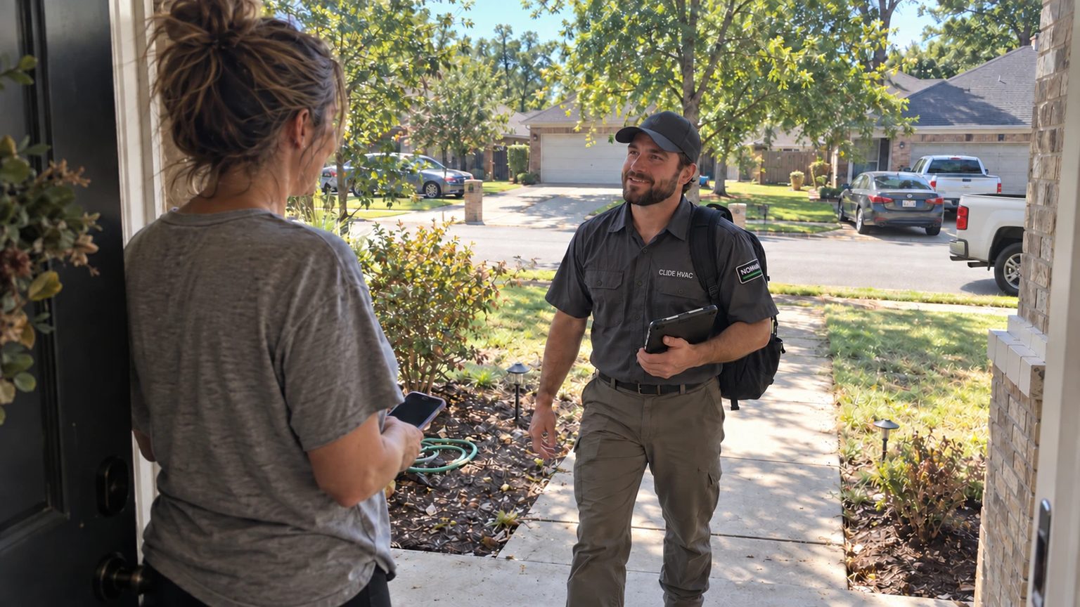 A Clide HVAC pro with a NOHM patch on his backpack, smiling as he walks up to a homeowner at her front door