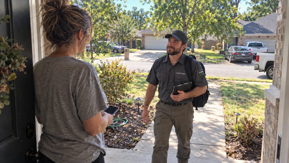 A Clide HVAC pro with a NOHM patch on his backpack walking up to a homeowner&rsquo;s front door