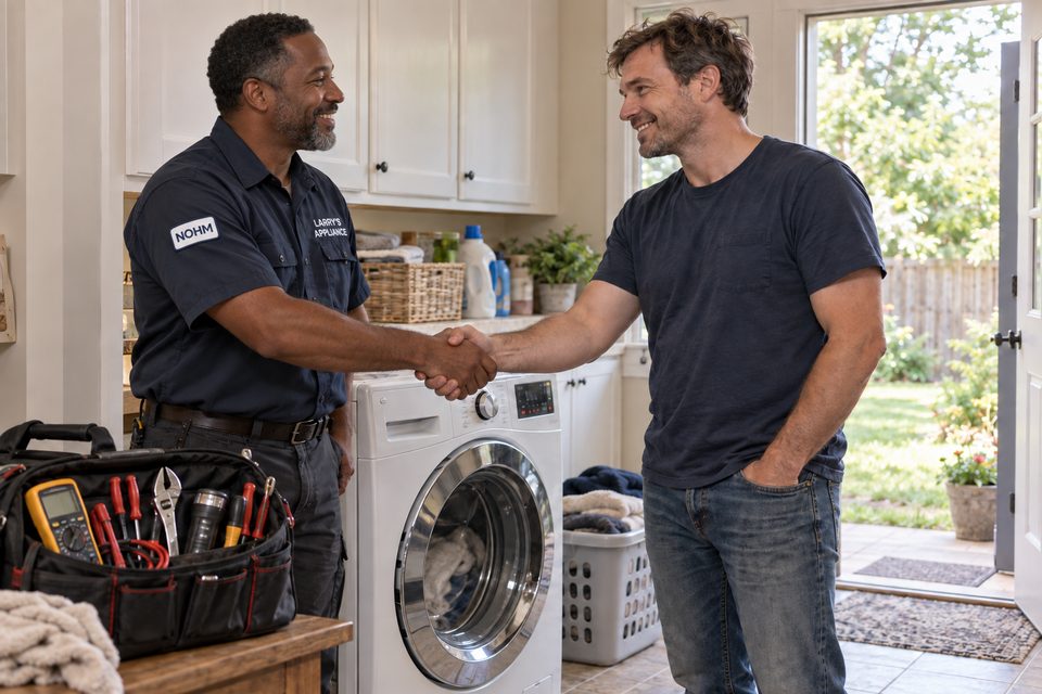 A pro from Larry&rsquo;s Appliance, wearing a NOHM patch, shaking hands with a happy homeowner after fixing his washer