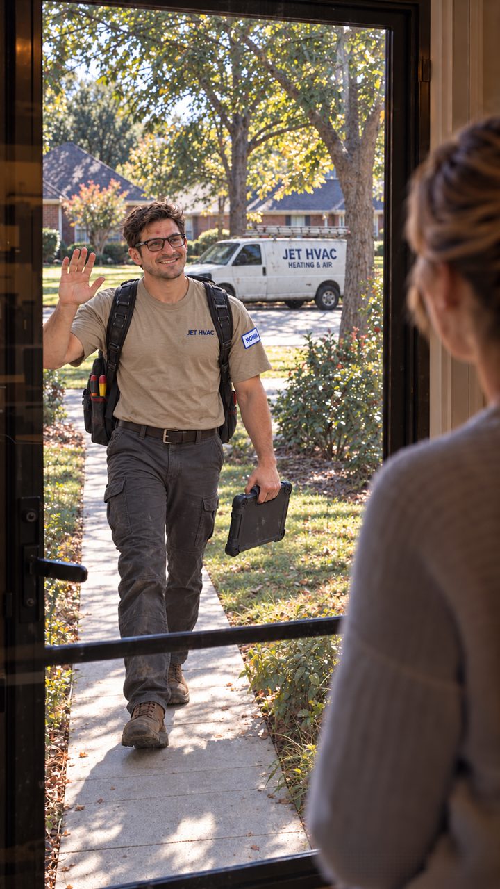 A Jet HVAC pro waving as he walks up to the front door