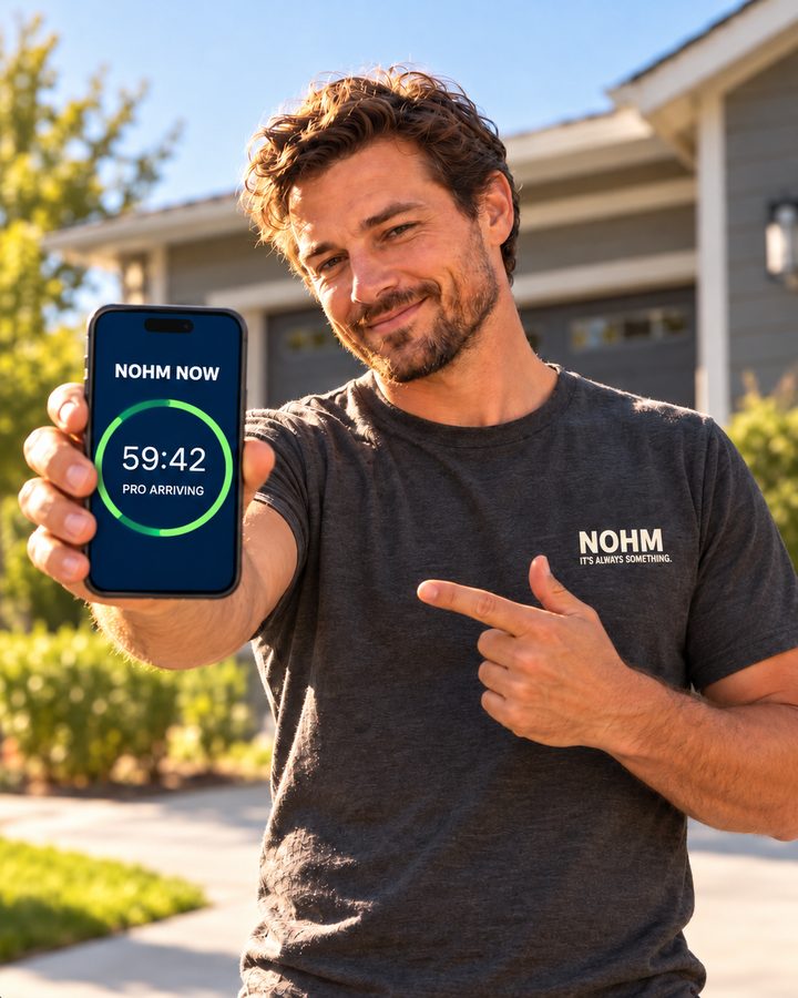 A homeowner holding up his phone showing the NOHM NOW countdown