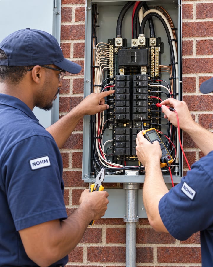 Two NOHM electricians testing a breaker panel