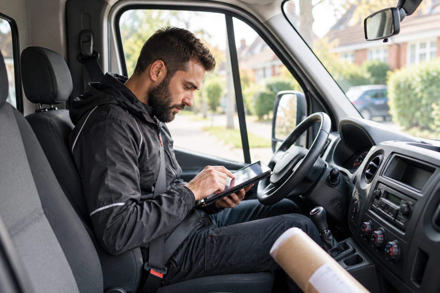 A NOHM pro in his van checking the next job on a tablet