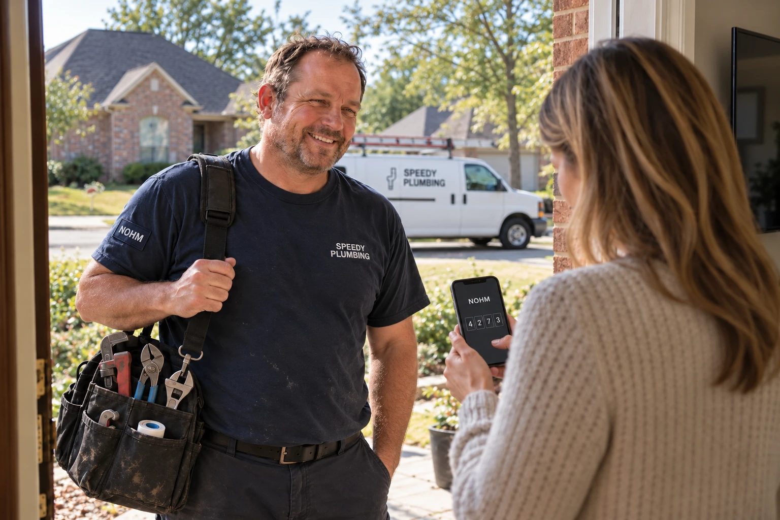 A Speedy Plumbing pro with a NOHM patch on his sleeve, smiling at a homeowner at her front door