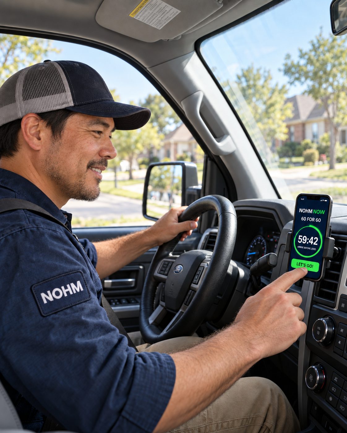 A NOHM pro in his truck starting the NOHM NOW countdown on his dashboard phone