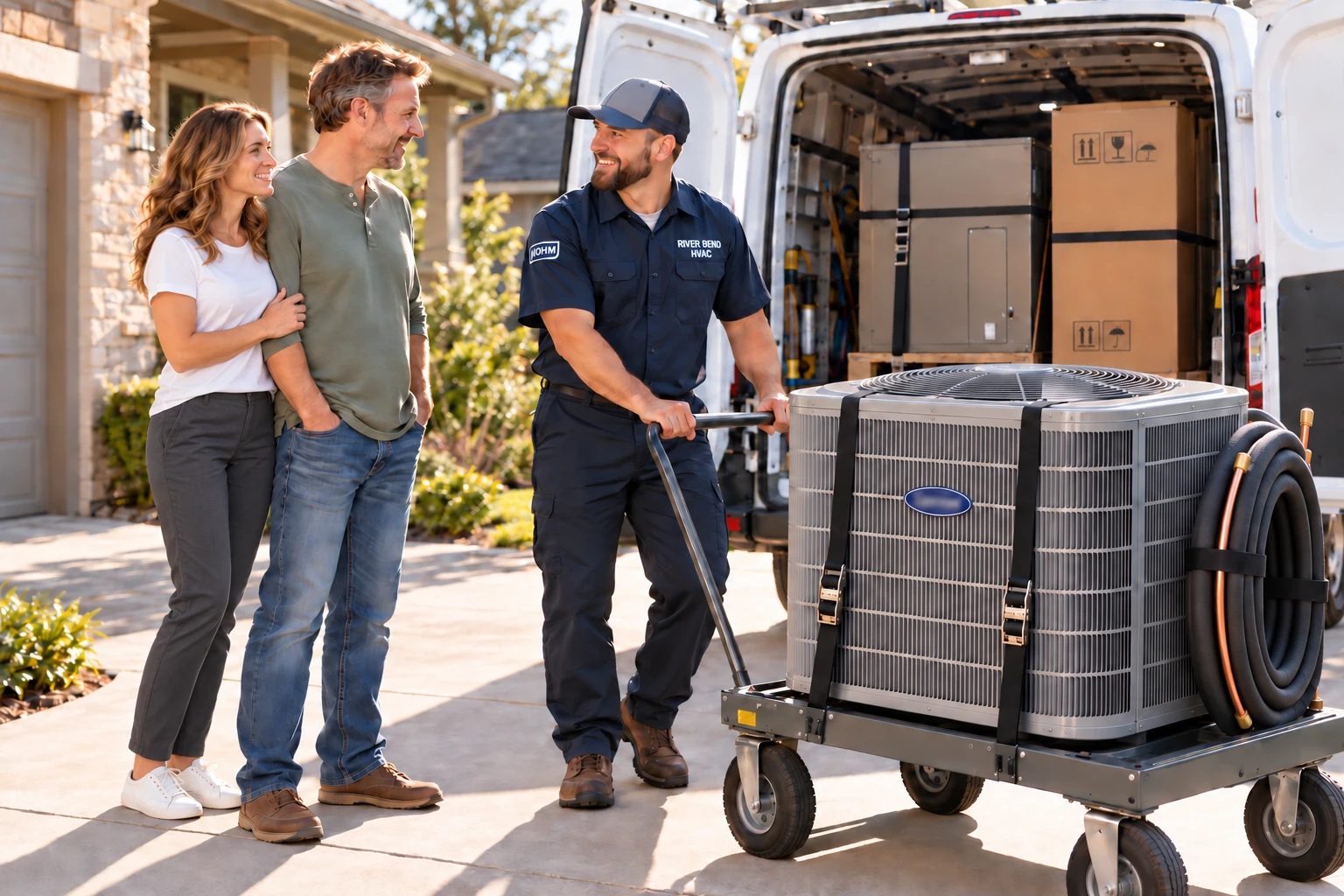 A River Bend HVAC pro with a NOHM patch wheeling a new outdoor AC unit up to a smiling couple in their driveway