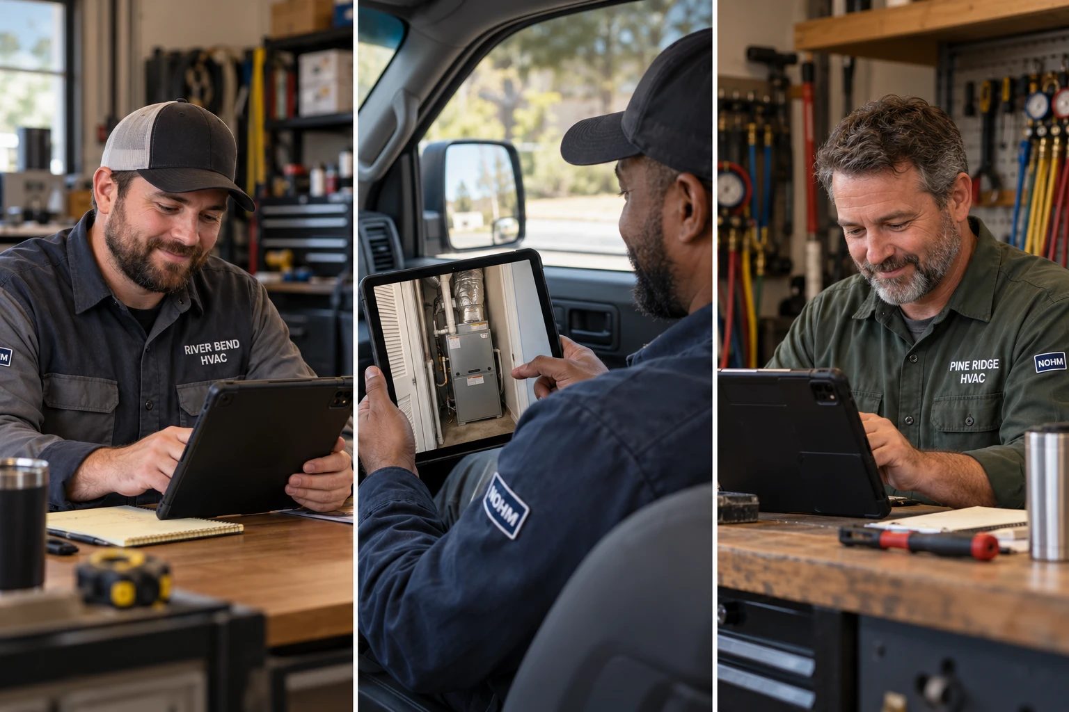 Three pros from different local companies, each with a NOHM patch, reviewing the same furnace photos on their tablets