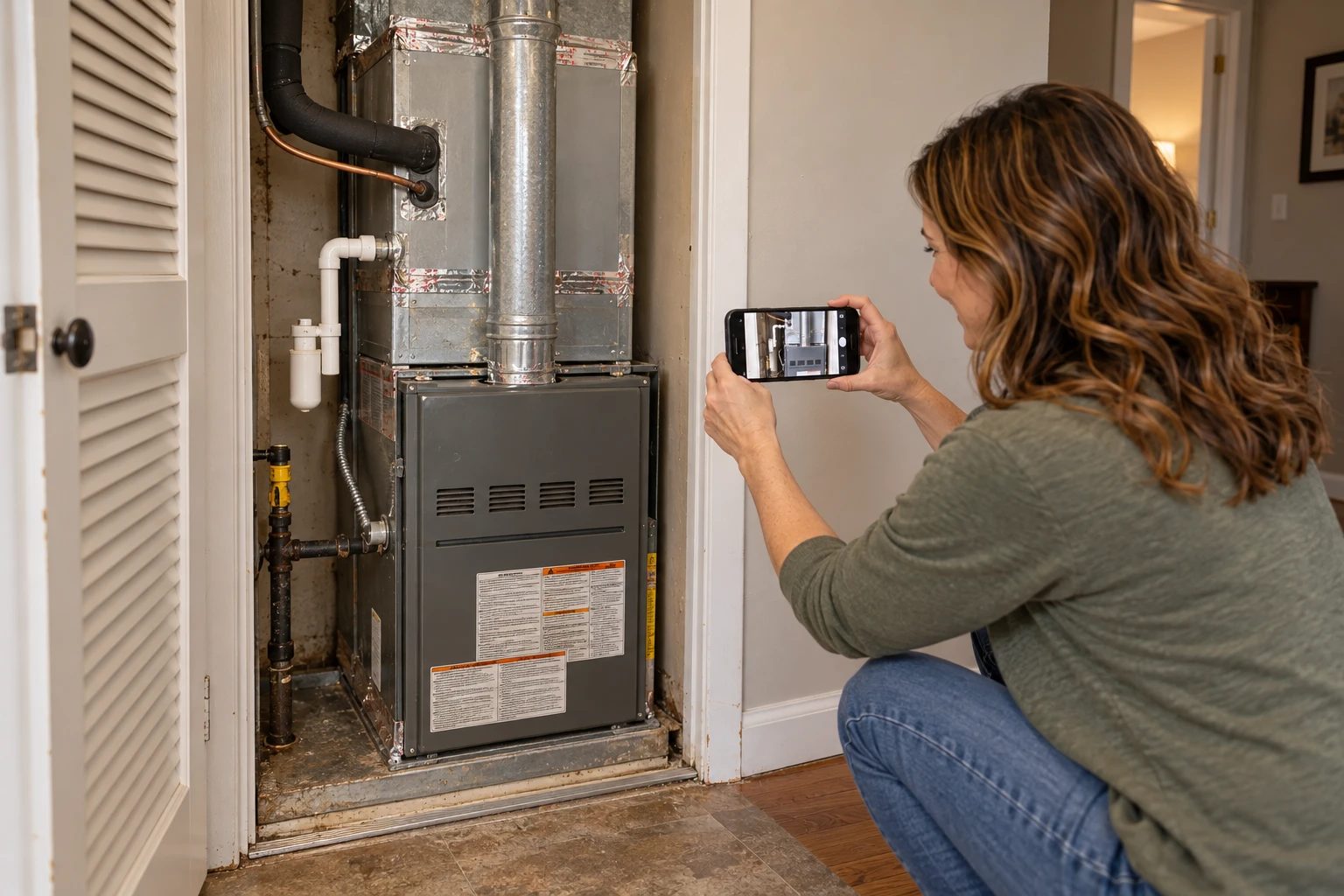 A homeowner crouched at her furnace closet, taking a photo of the unit with her phone