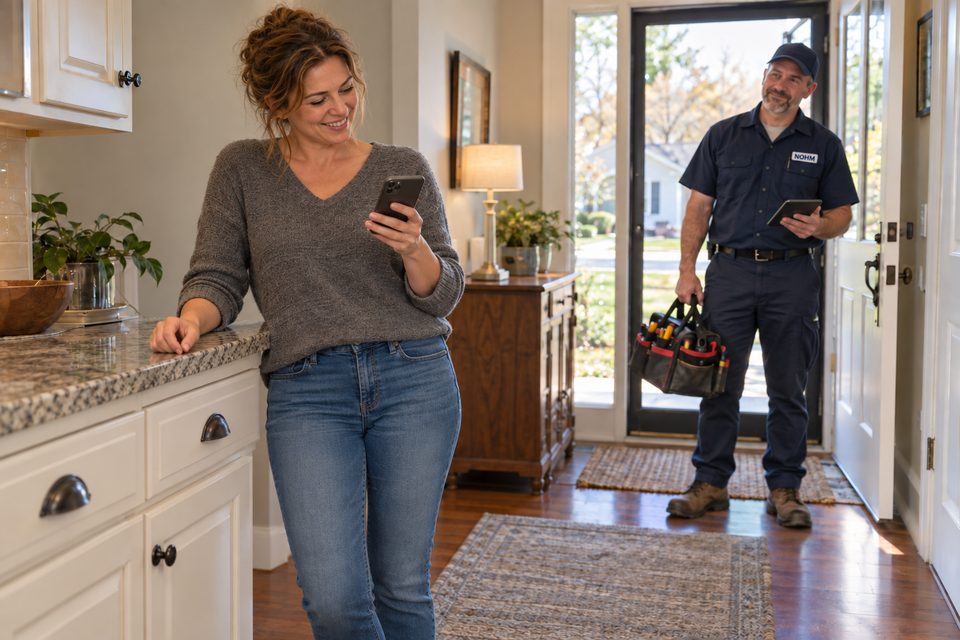 A relaxed homeowner smiling at her phone while a NOHM pro arrives at the door with her home&rsquo;s details on his tablet