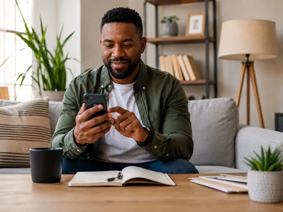 A renter on his couch paying rent and sending a repair request from his phone