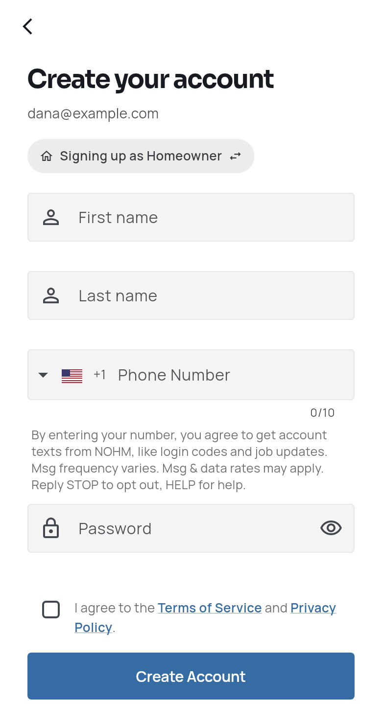 The NOHM app's Create your account screen: first name, last name and phone number fields, the text-message consent line under the phone number, a password field, the Terms of Service and Privacy Policy checkbox, and the Create Account button.